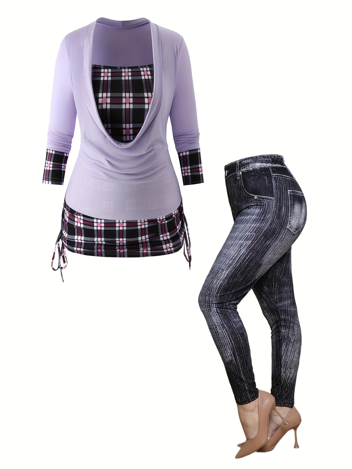 Plus Size Plaid Print Two-piece Set, Side Drawstring Long Sleeve Top & Skinny Pants Outfits, Women